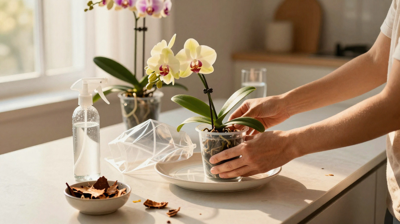 Person repotting yellow orchid on a kitchen counter with a spray bottle and dried leaves nearby.