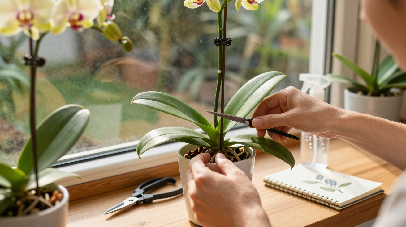 Person trimming green leaves of a potted orchid plant on a wooden windowsill with gardening tools nearby.