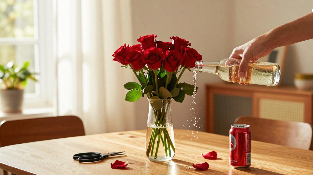 Hand pouring water from a bottle into a vase holding red roses on a wooden table with scissors and petals.