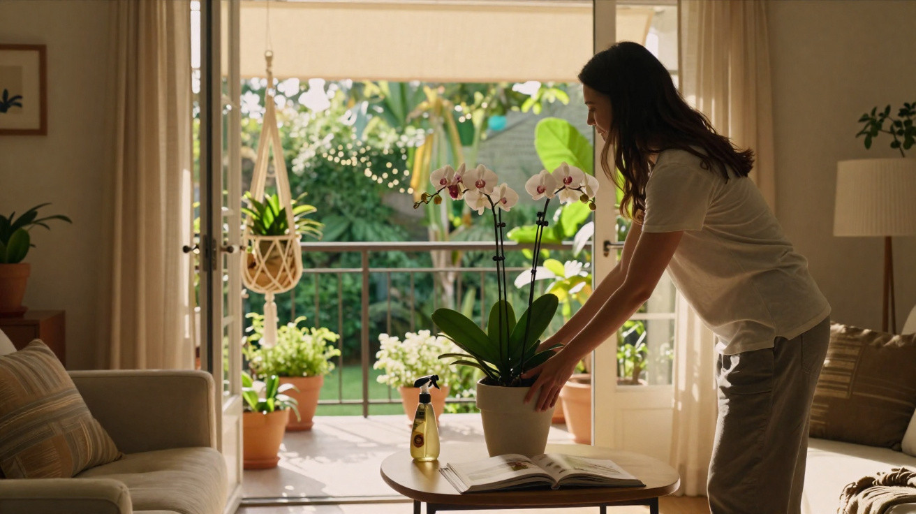 Woman tending to an orchid on a coffee table in a sunlit living room with open doors to a garden balcony.