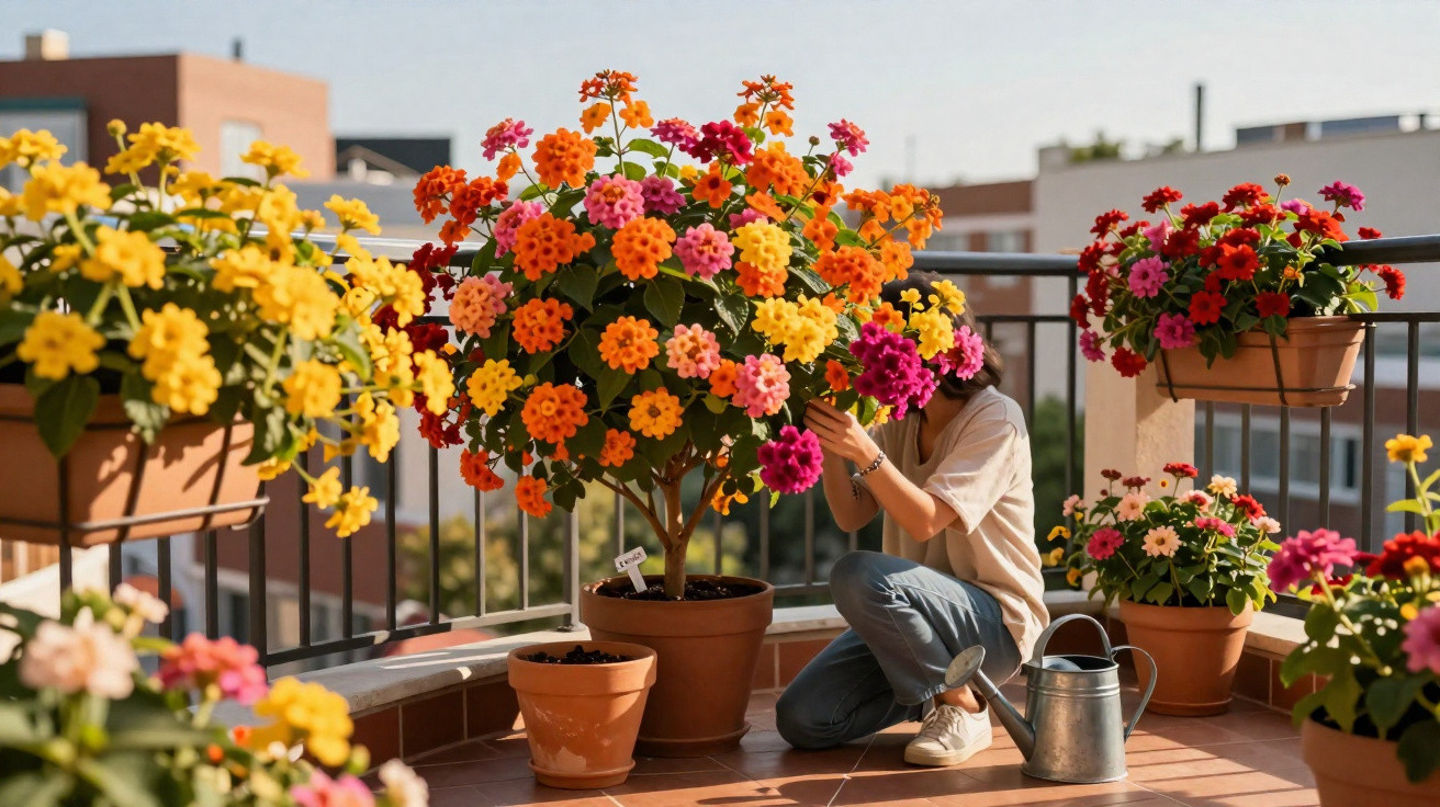 Person tending vibrant potted flowers on a sunny balcony with railing and buildings in the background.