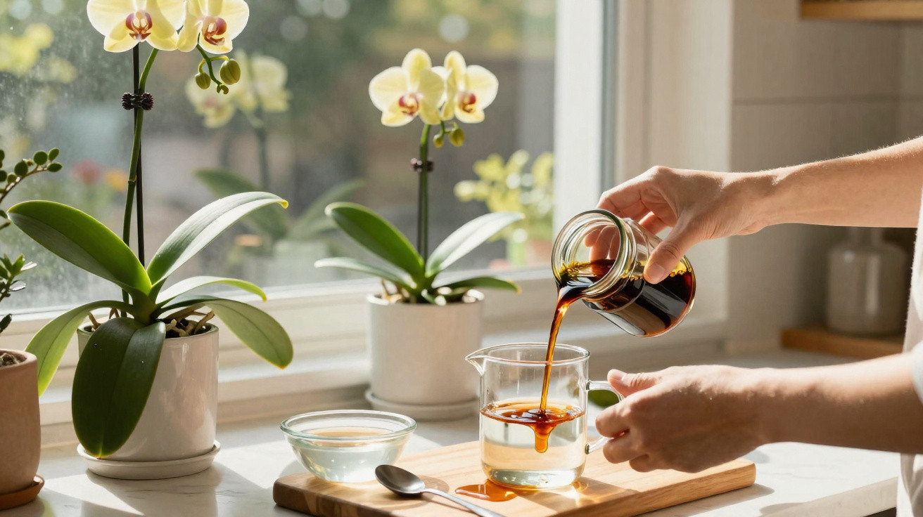 Hands pouring coffee from a glass jar into a glass cup on a wooden board by a windowsill with orchids.