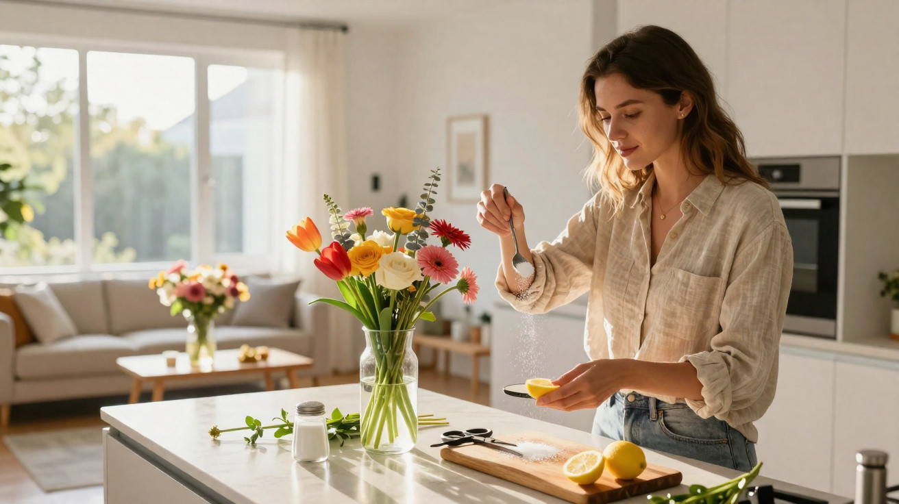 Woman sprinkling salt on lemon slices in a bright kitchen with a vase of flowers on the counter
