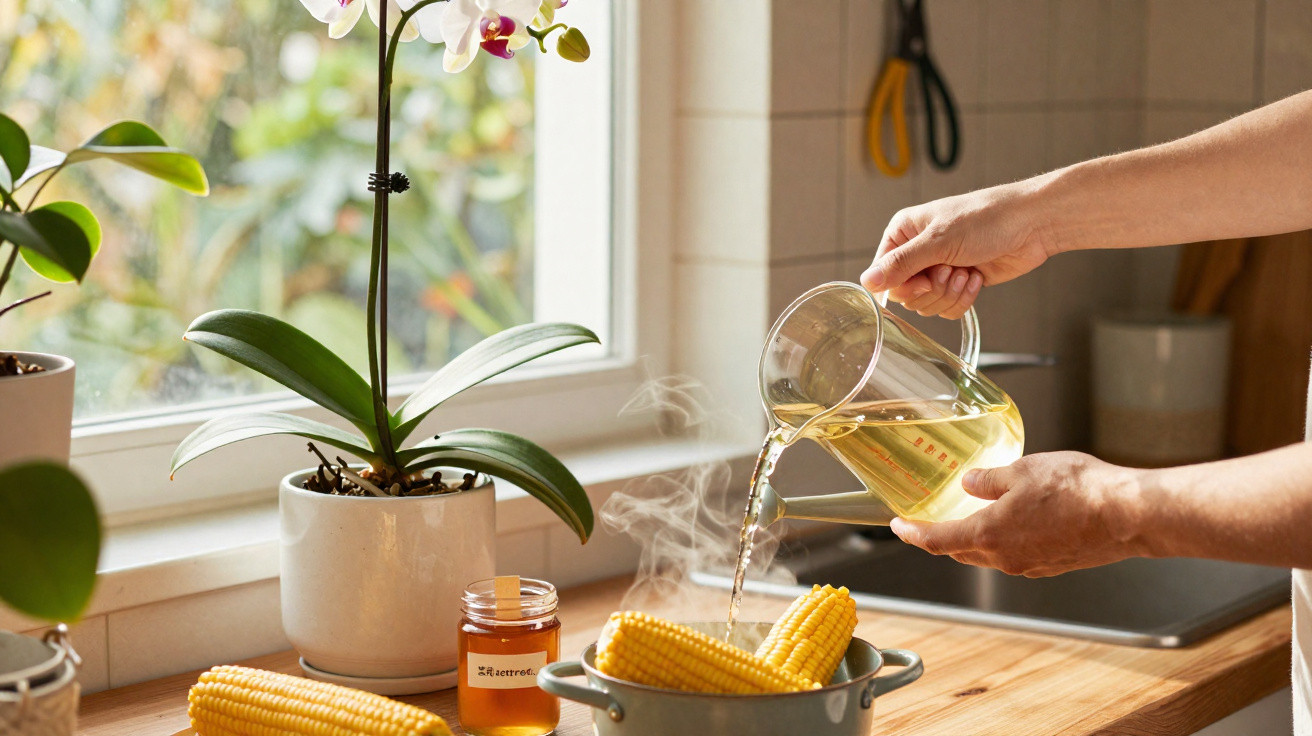 Person pouring hot water from a measuring jug into a pot with steaming corn cobs on a kitchen countertop.