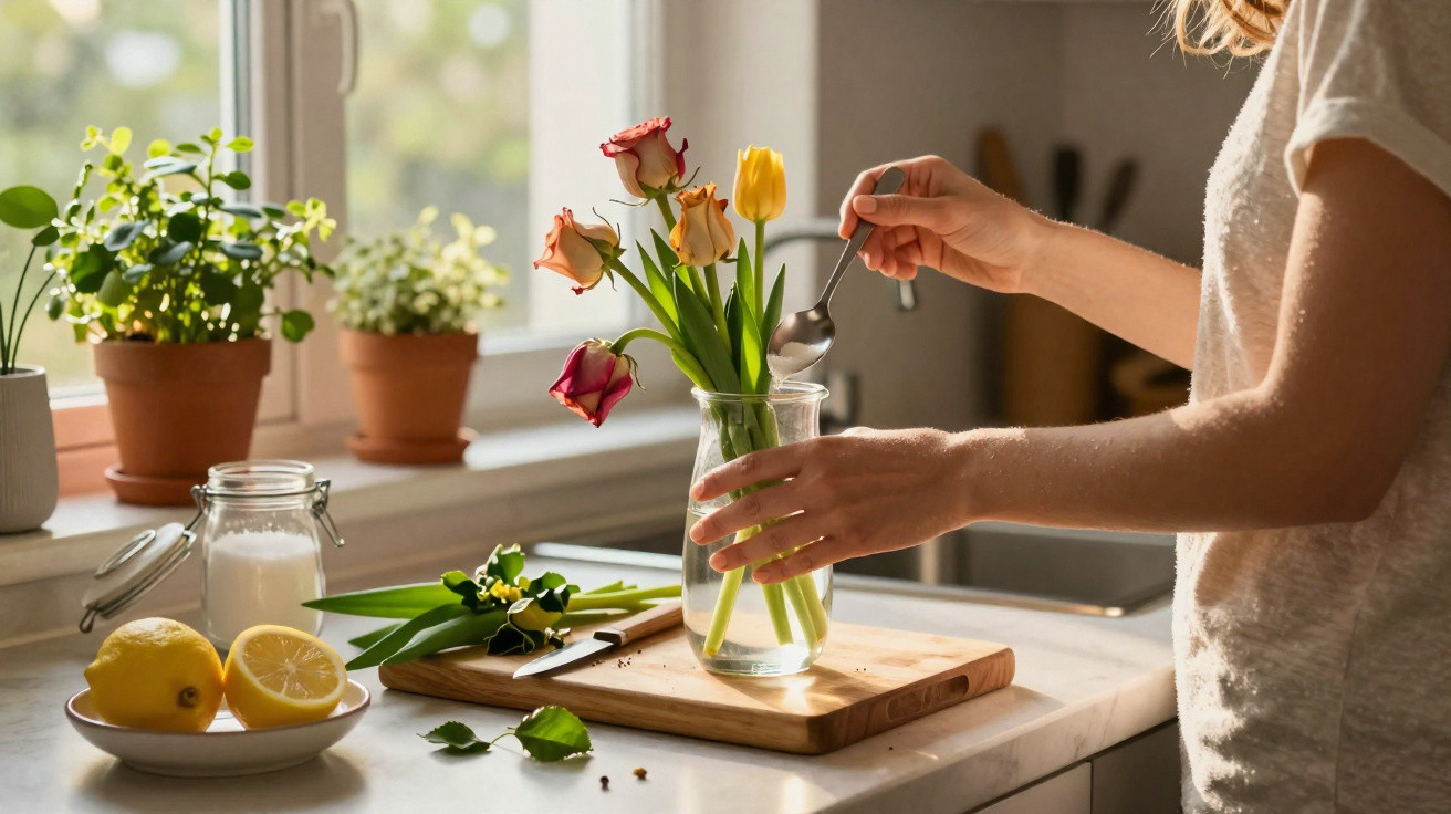 Person arranging roses and tulips in a glass vase on a kitchen counter by a window with potted plants.