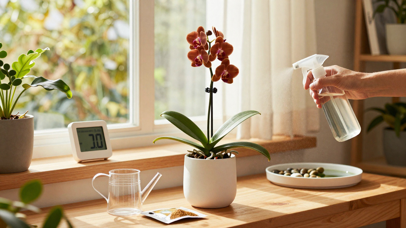 Hand spraying water on a blooming orchid plant on a wooden table by a window in natural light.
