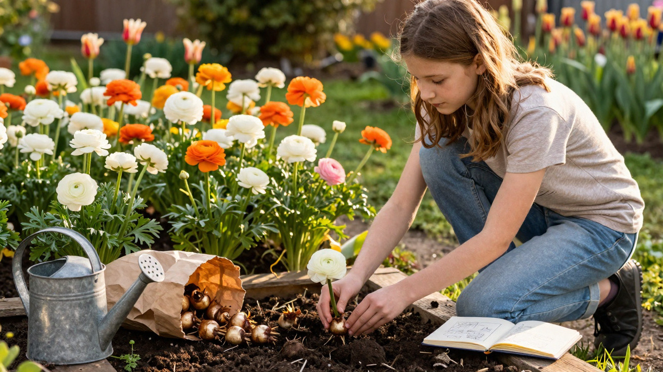 Child planting flower bulbs in soil among blooming ranunculus flowers in a garden on a sunny day.