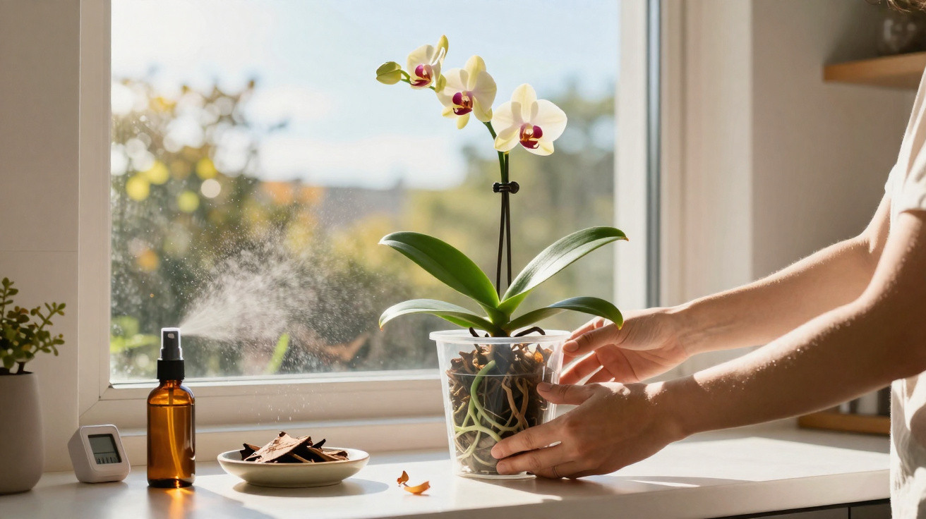 Hands tending a blooming orchid in a transparent pot on a sunlit windowsill with mist and plant care items nearby