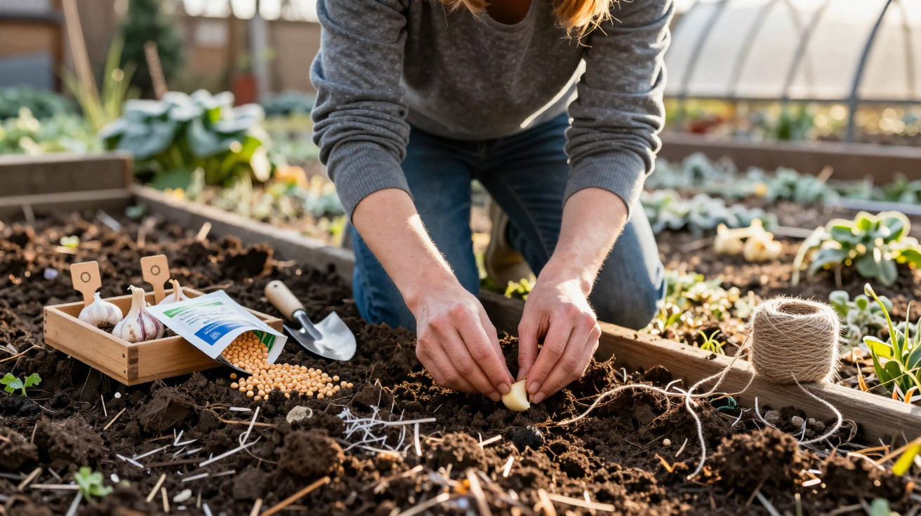 Person planting garlic cloves in soil inside a greenhouse with gardening tools and seeds nearby.