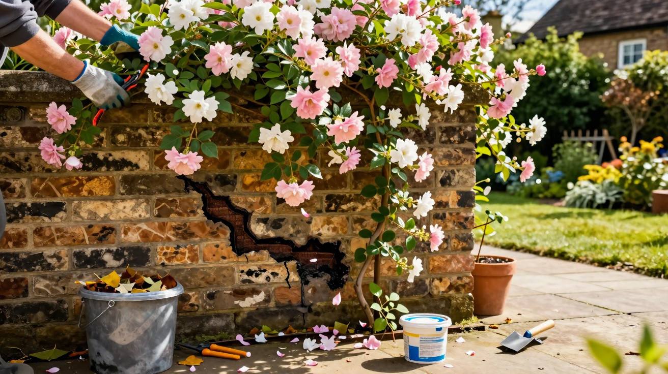 Person pruning pink and white flowers growing over a cracked brick garden wall on a sunny day.