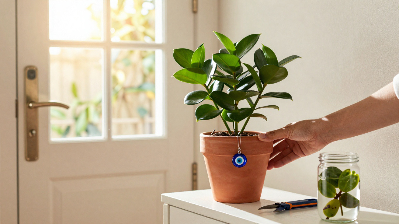 Hand placing a potted green plant with an evil eye charm on a white table by a bright window.