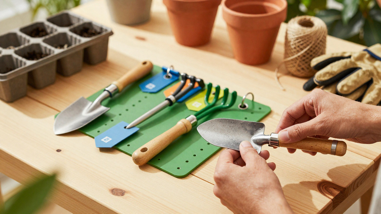 Person holding a small gardening trowel with other garden tools and pots on a wooden table.