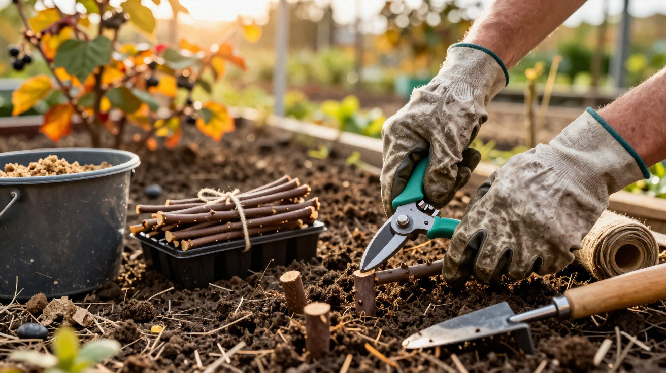 Gardener wearing gloves cutting small branches in soil with pruning shears in a raised garden bed.