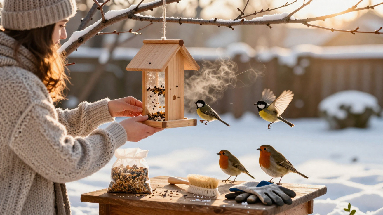 Person in winter clothes hanging a wooden bird feeder with birds around in a snowy garden at sunrise.