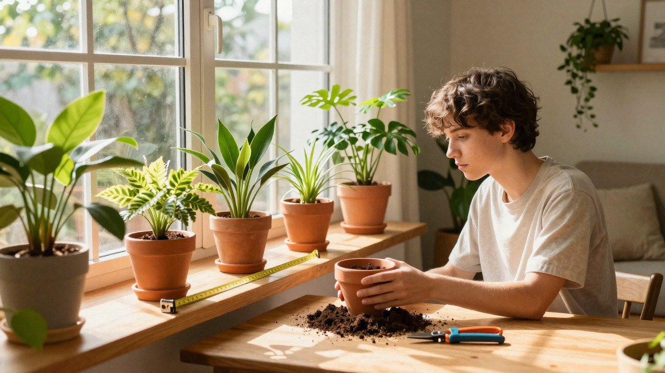Young person repotting a plant at a wooden table next to a sunlit window with potted plants.