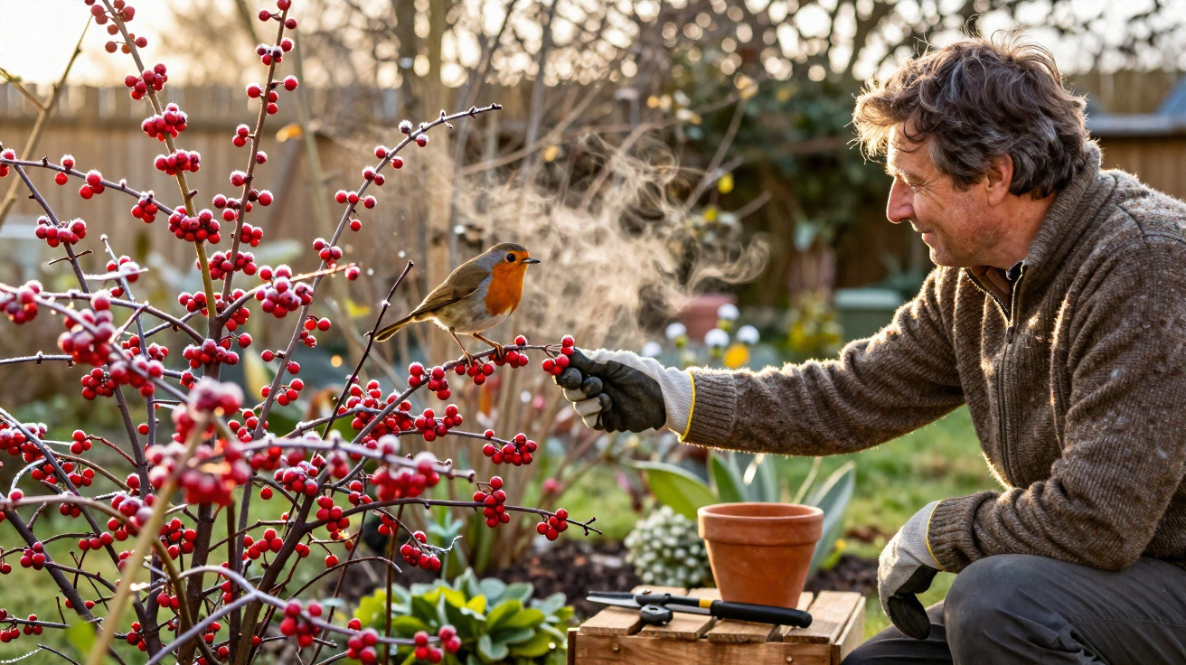Man in gloves feeding a robin perched on frosty red-berried branches in a garden on a cold morning.