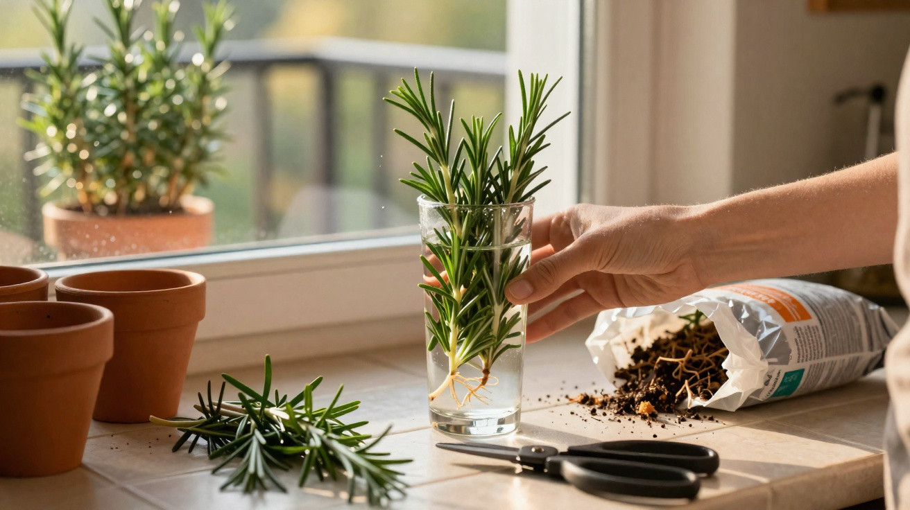 Hand placing rosemary cuttings with roots in a glass of water on a kitchen windowsill with pots and soil.
