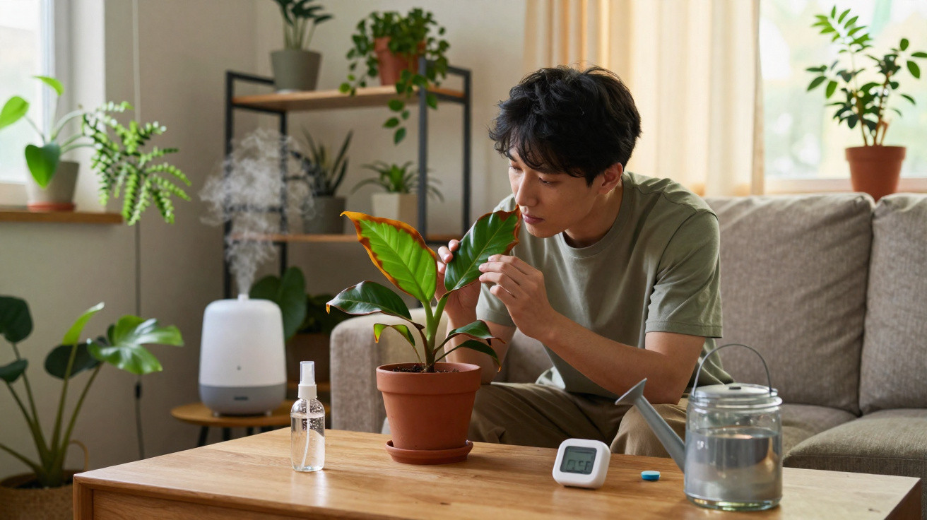 Man inspecting a potted plant on a wooden table in a bright, plant-filled living room.