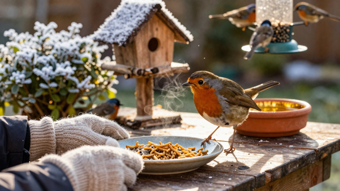 A robin perched on a plate of mealworms beside gloved hands on a snowy wooden table near a bird feeder.