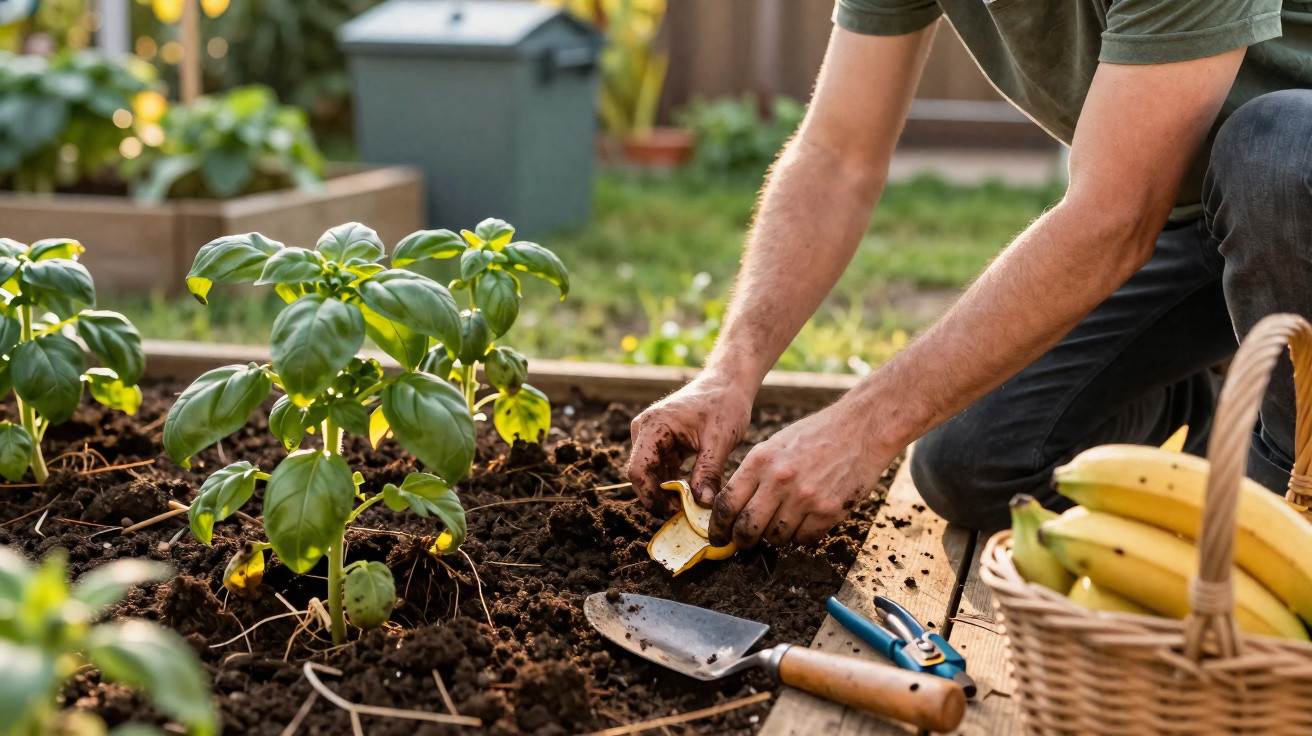 Person planting a seedling in a garden bed with gardening tools and a basket of bananas nearby.