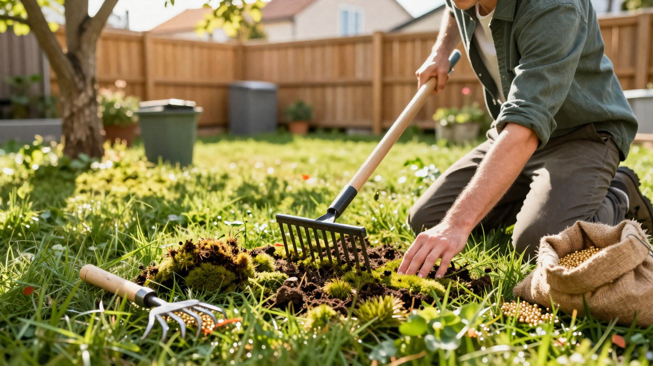 Person using a garden rake to clear soil and moss in a sunlit backyard with gardening tools nearby.