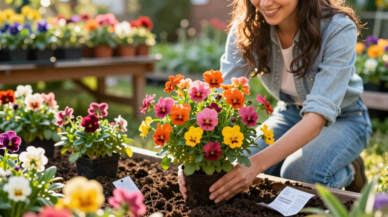 Woman planting colourful pansies in a raised garden bed on a sunny day.