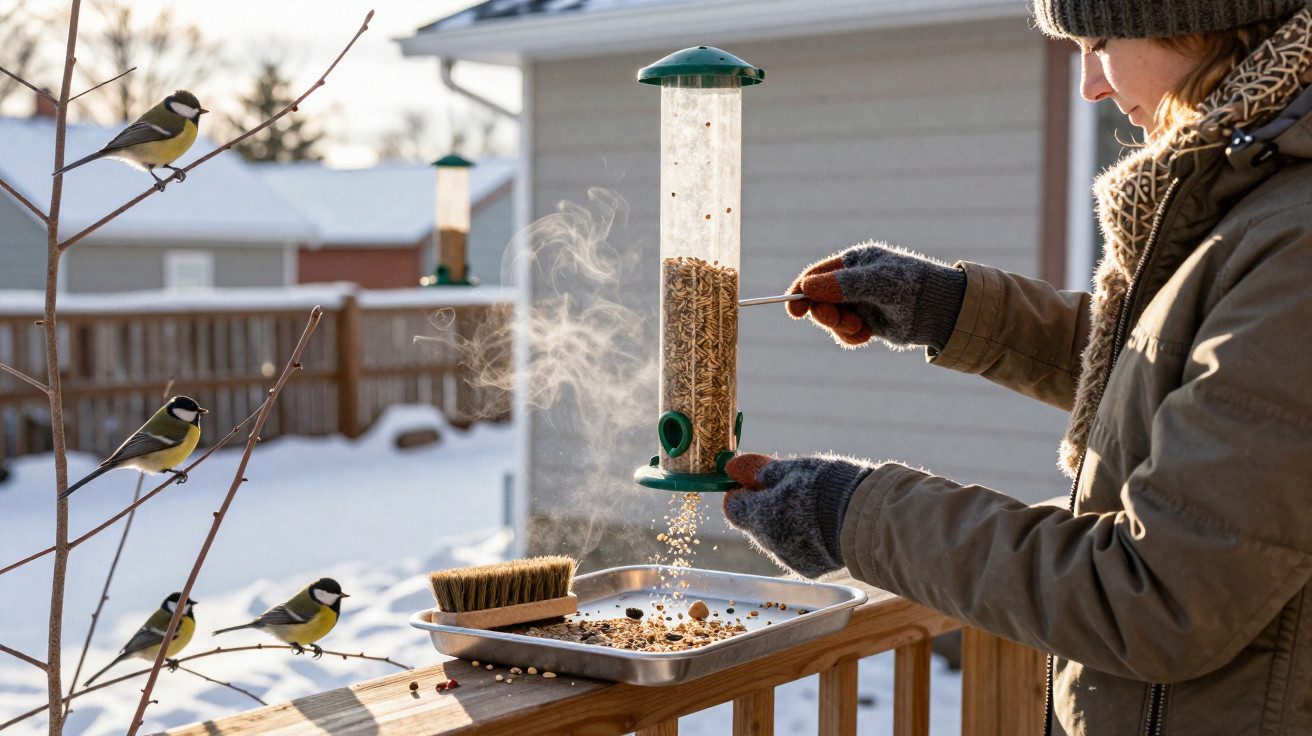 Person refilling a bird feeder on a snowy deck with four birds perched nearby on a branch.