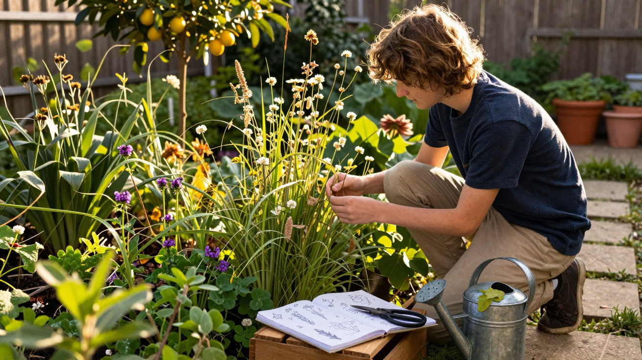 Young person examining plants in a garden with gardening tools and plant sketches nearby.