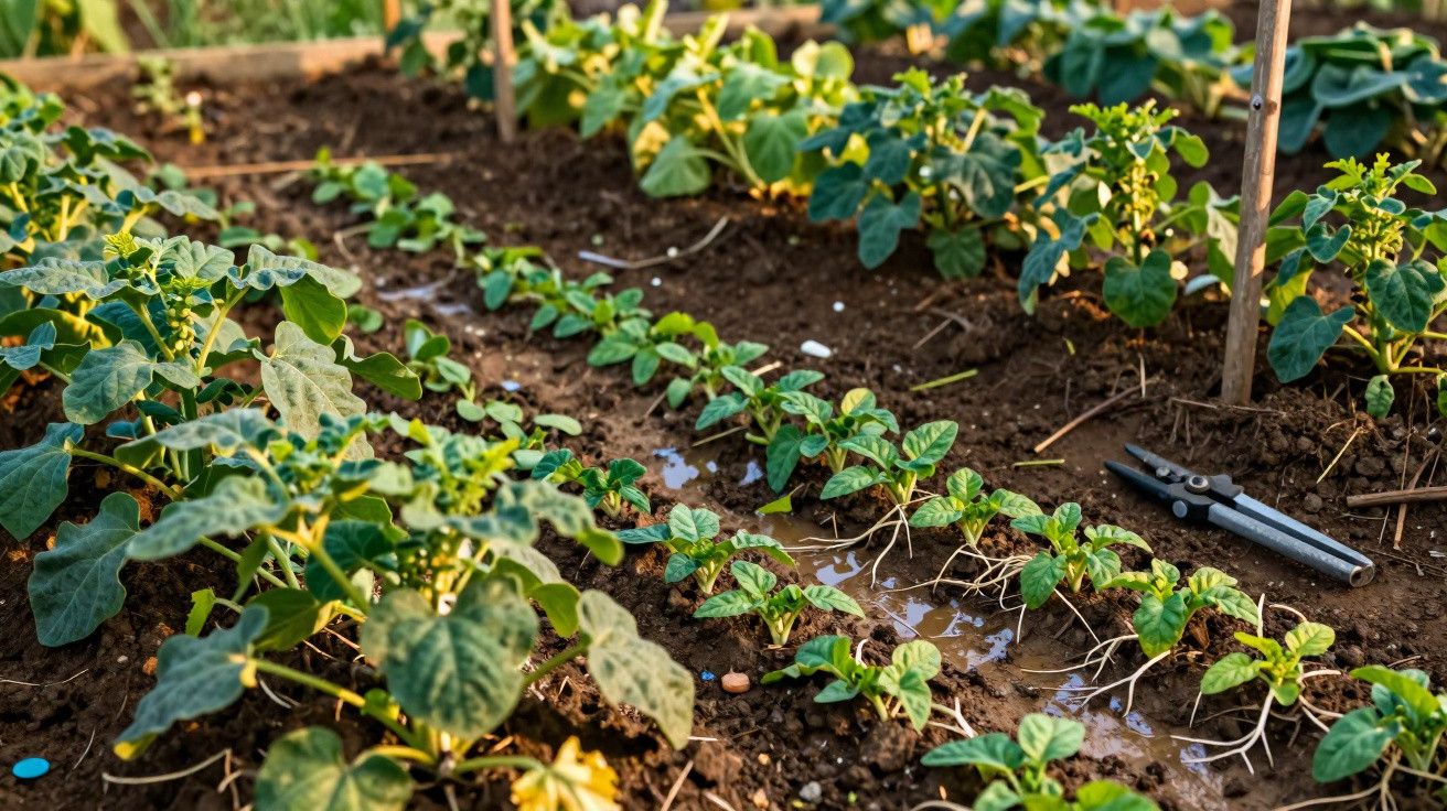 Young plants growing in wet soil in a garden bed with pruning shears nearby in natural sunlight.