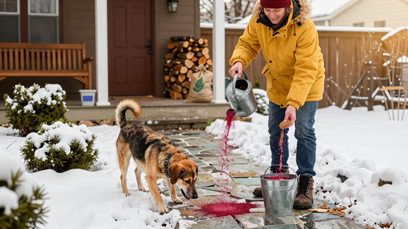 Person in a yellow coat pouring red liquid on a snowy path with a dog sniffing nearby outside a house.