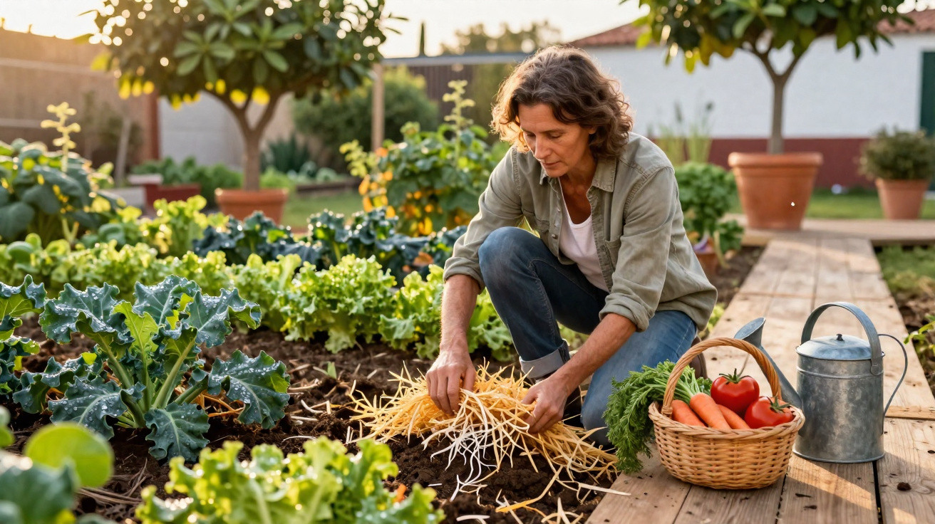 Woman gardening in vegetable patch with basket of fresh carrots and tomatoes beside her on wooden path