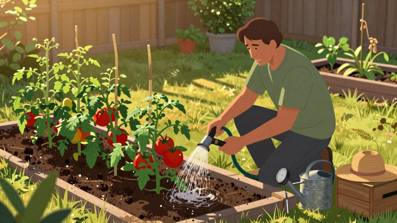 A man watering ripe tomatoes in a garden bed on a sunny day with gardening tools nearby.