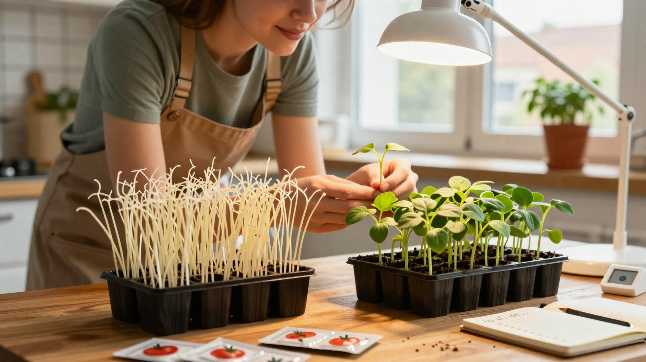 Person tending to seedlings in seed trays on a wooden table next to seed packets and a notebook in a bright kitchen.