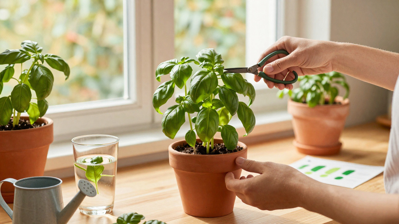 Person pruning basil plant in terracotta pot on windowsill with watering can and glass of water nearby