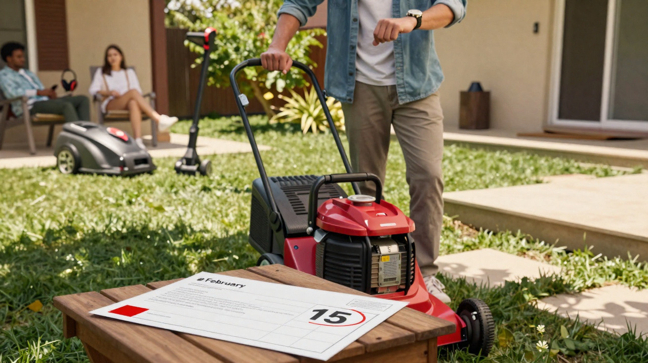 Person checking watch while standing behind a red lawnmower on a grassy lawn in a backyard.