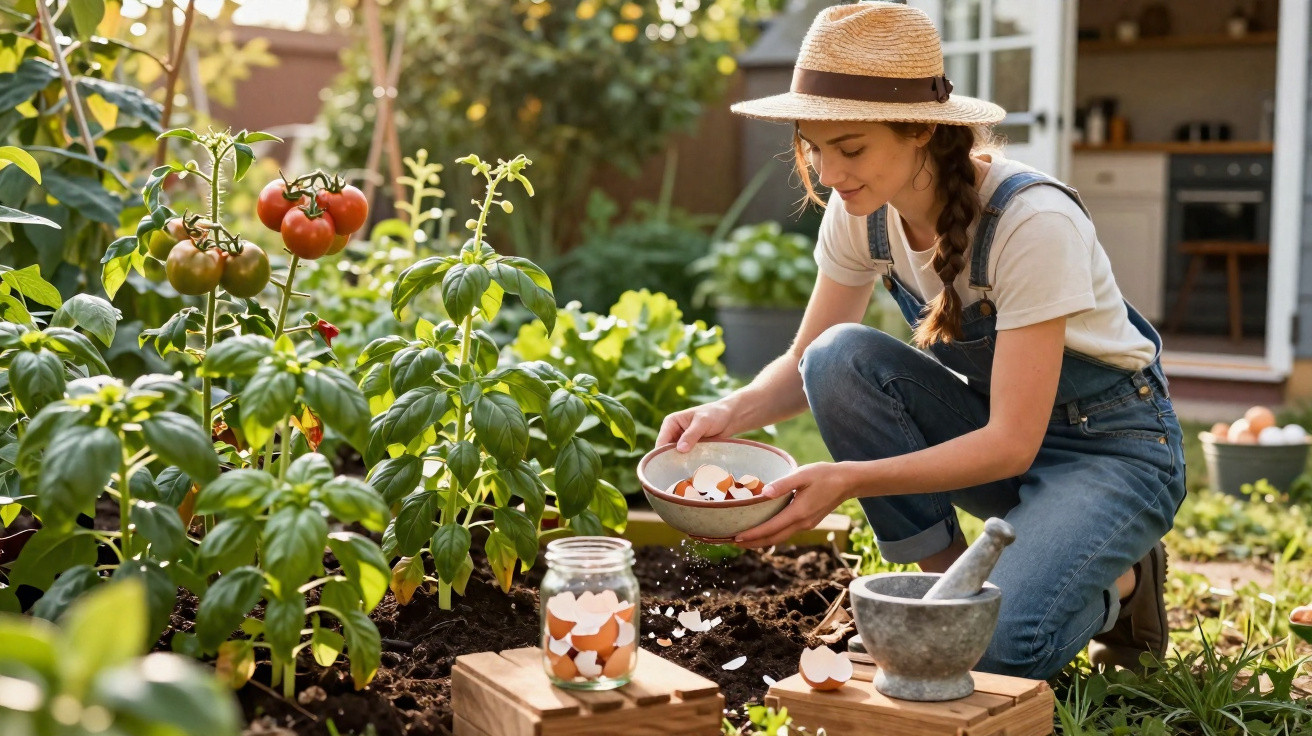 Woman in a straw hat adding eggshells to a vegetable garden with tomatoes and basil plants.