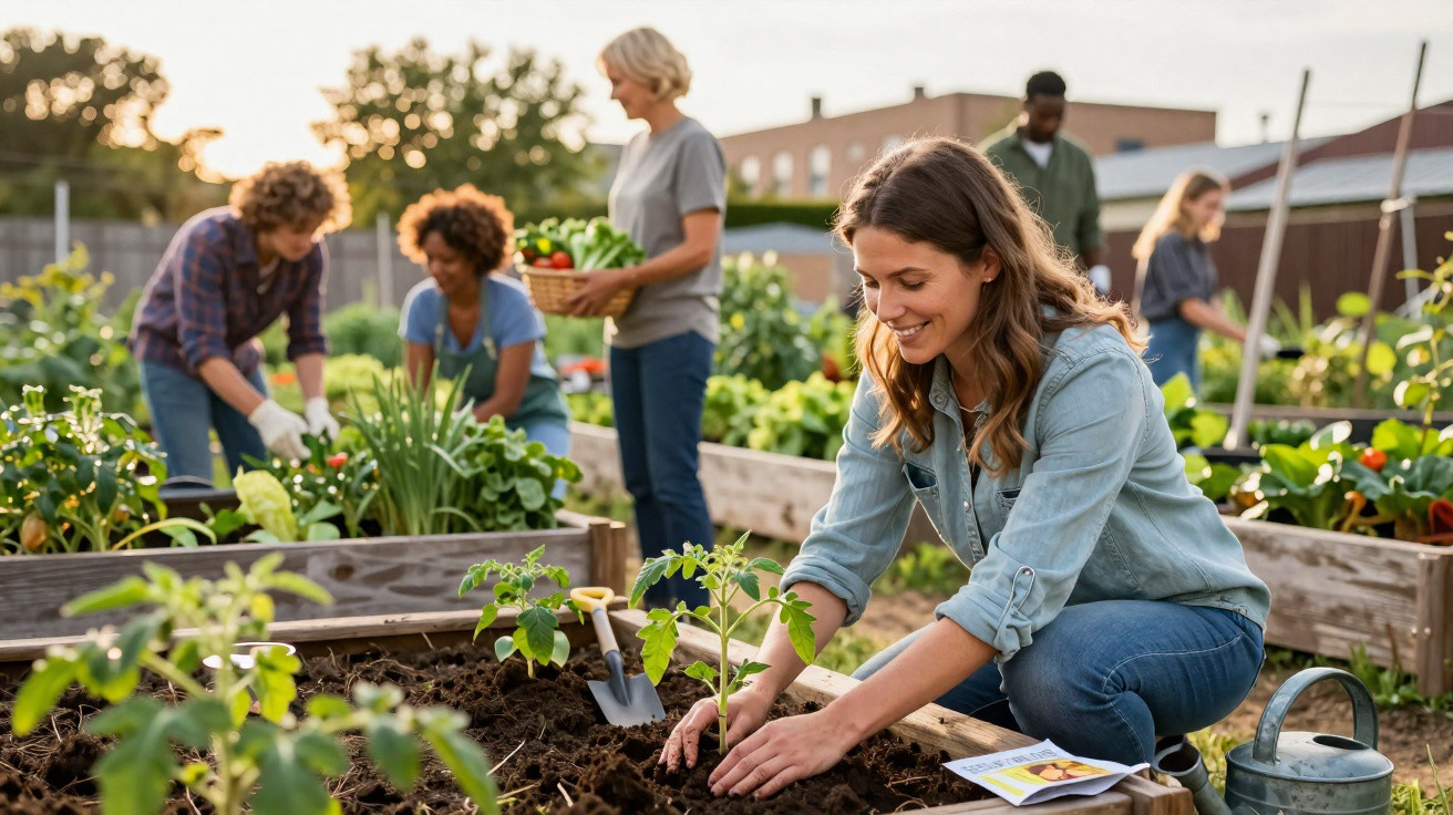 A group of people gardening together in raised beds, planting and harvesting fresh vegetables outdoors.