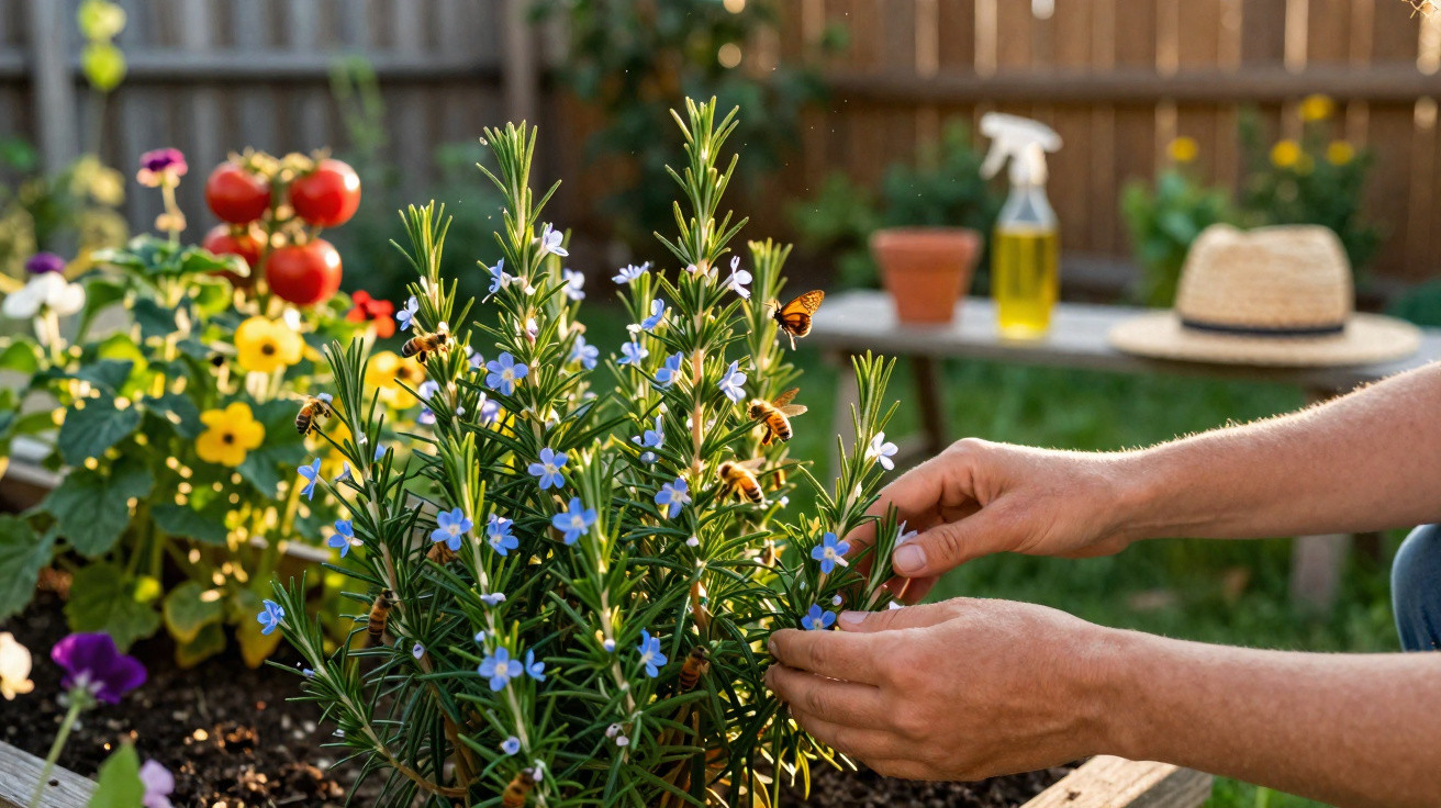 Hands tending a rosemary plant with blue flowers and bees in a sunny garden with blooming flowers and gardening tools.