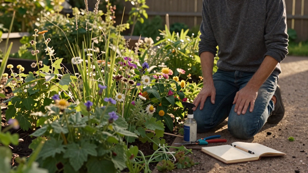 Person kneeling in a garden tending to flowers with gardening tools and an open notebook nearby.