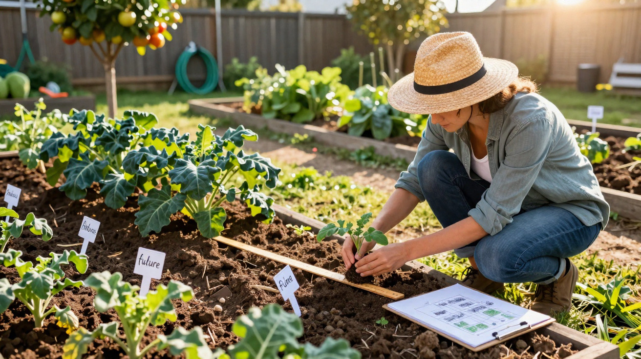 Woman wearing a straw hat planting seedlings in a labelled garden bed on a sunny day.