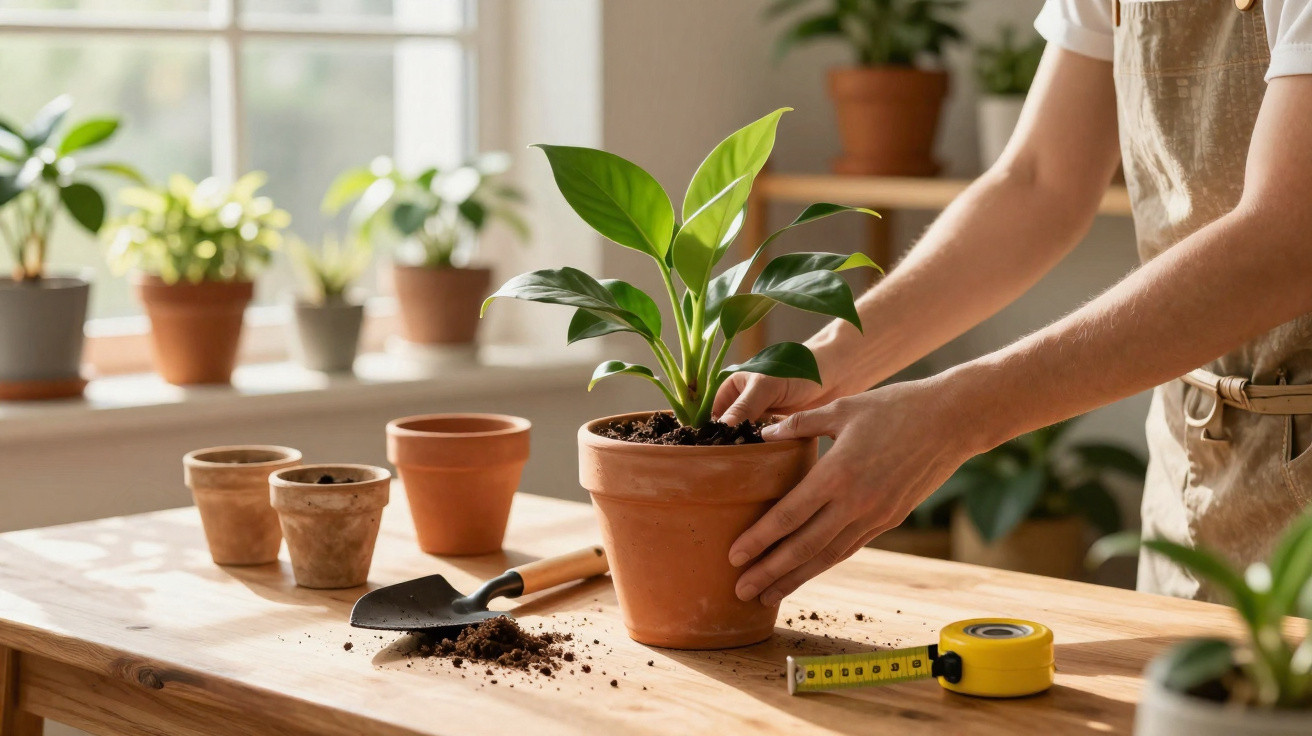Person potting a green plant in a terracotta pot on a wooden table with gardening tools and pots nearby.