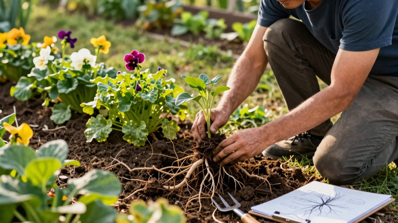 Person planting a seedling in garden soil surrounded by flowering plants and a gardening sketch on a clipboard.