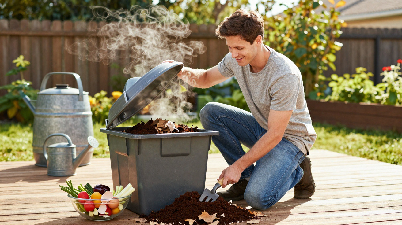 Young man kneeling on a wooden deck, opening a steaming compost bin with gardening tools and fresh vegetables nearby.