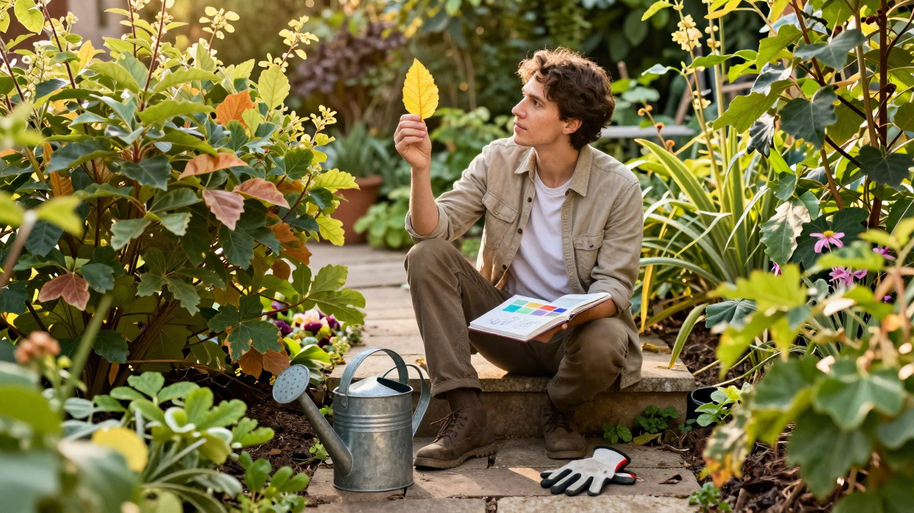 Young man studying a yellow leaf in a lush garden, surrounded by plants, holding a book and a watering can nearby.
