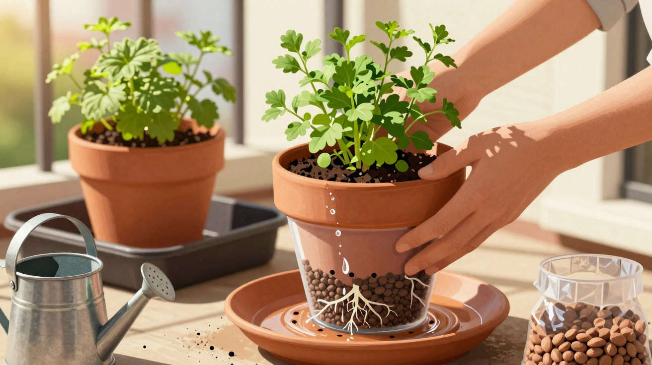 Hands repotting a green plant in a self-watering terracotta pot with visible roots and water droplets.