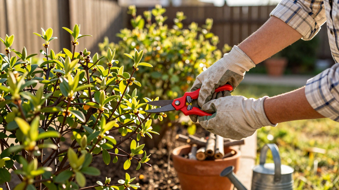 Person wearing gloves pruning green shrub with red garden shears in sunny backyard garden.