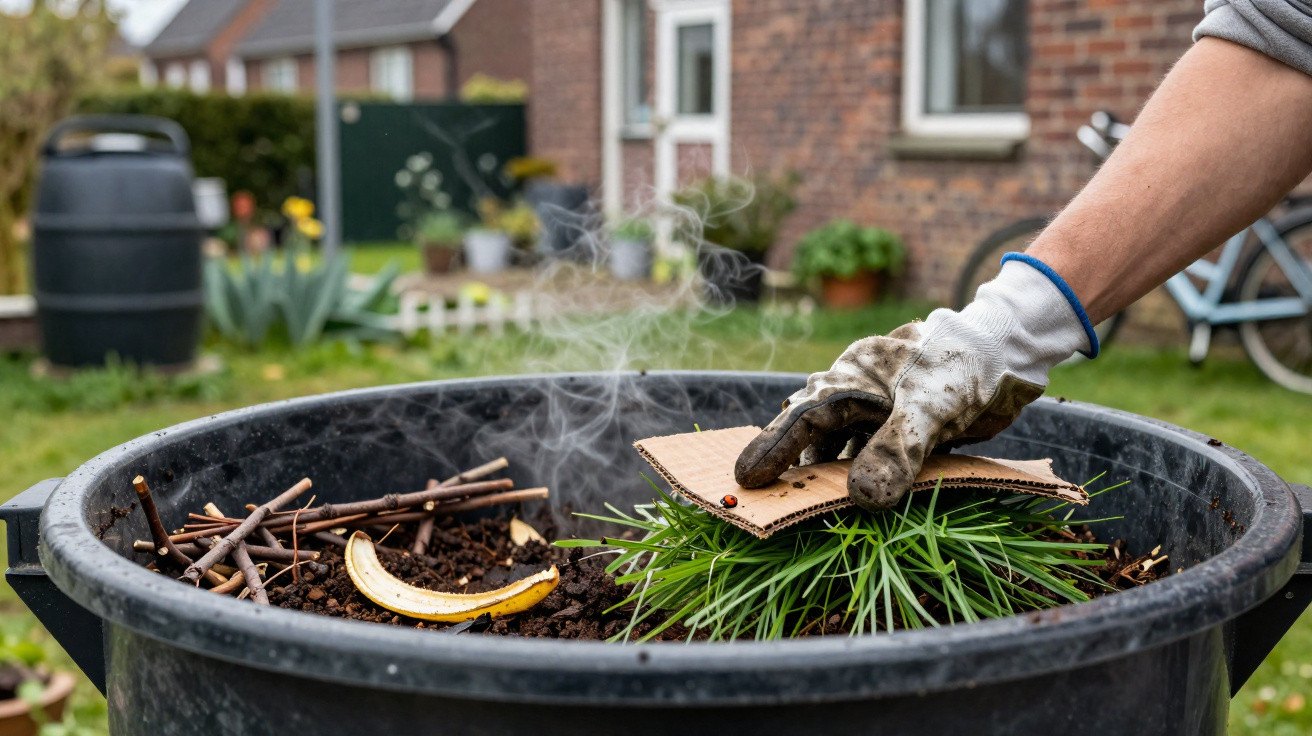 Person wearing glove placing cardboard over green grass in a black compost bin outdoors in a garden.