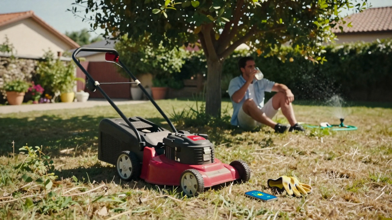 Red lawn mower on dry grass with gardening gloves and a man sitting under a tree drinking from a glass bottle.