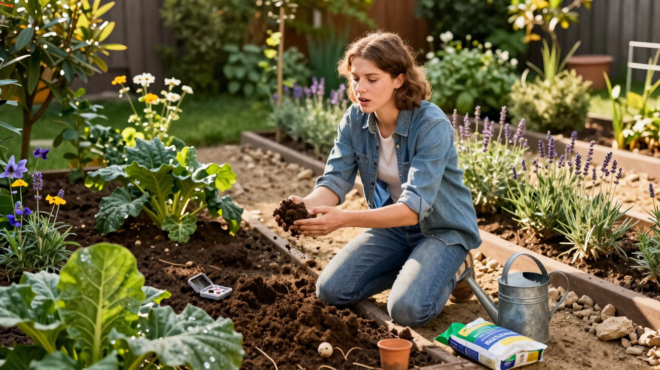 Young woman kneeling in a garden bed, examining soil with gardening tools and plants around her.