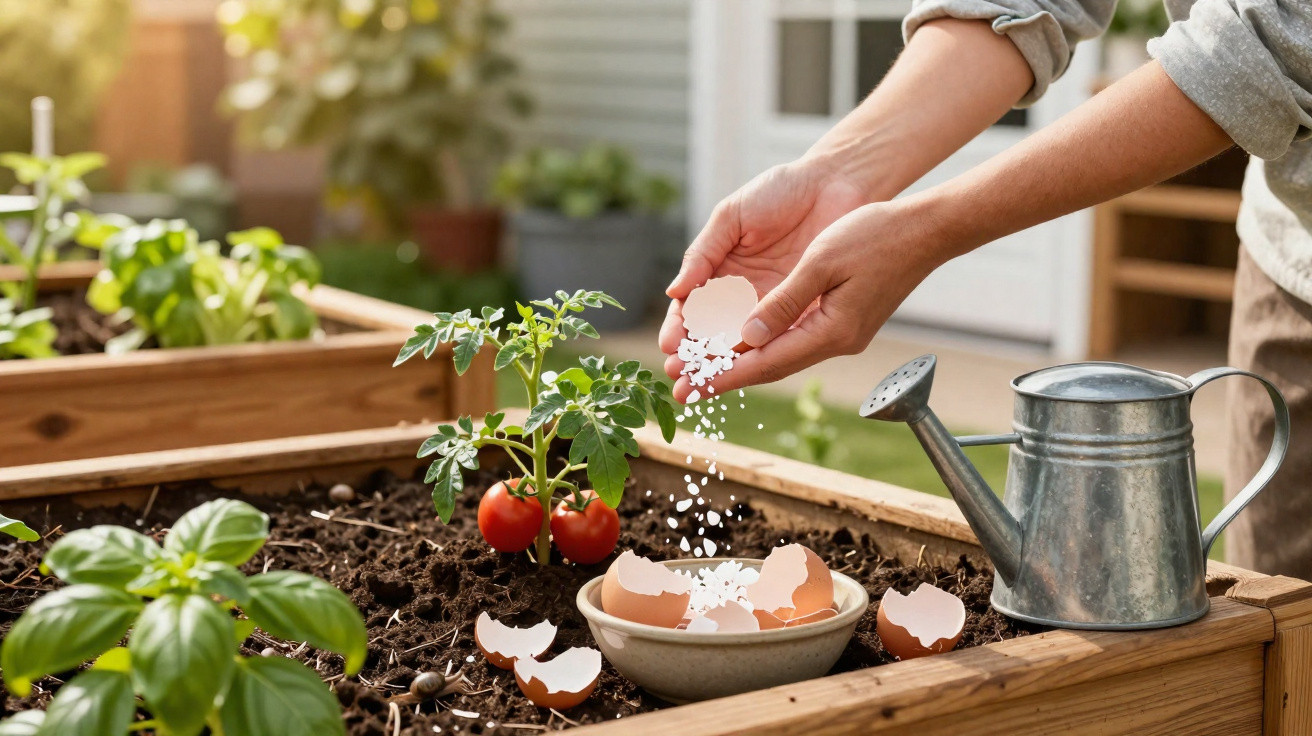 Hands sprinkling crushed eggshells near a tomato plant in a wooden garden bed with a watering can nearby.